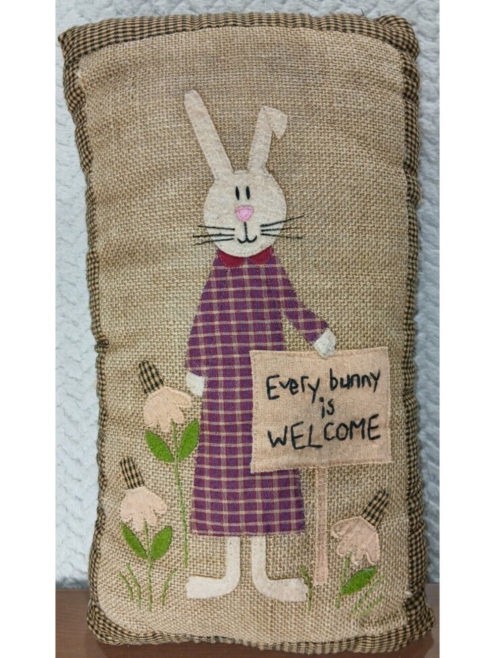 VTG - Burlap-Like 16x8 Bunny Rabbit Embroidered - Every Bunny Is Welcome Pillow